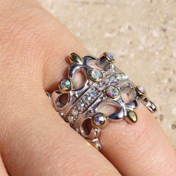 925 Sterling Silver Double Blessing Crown Princess Aurora Borealis Cz Ring Sz 6 - Picture 15 of 16